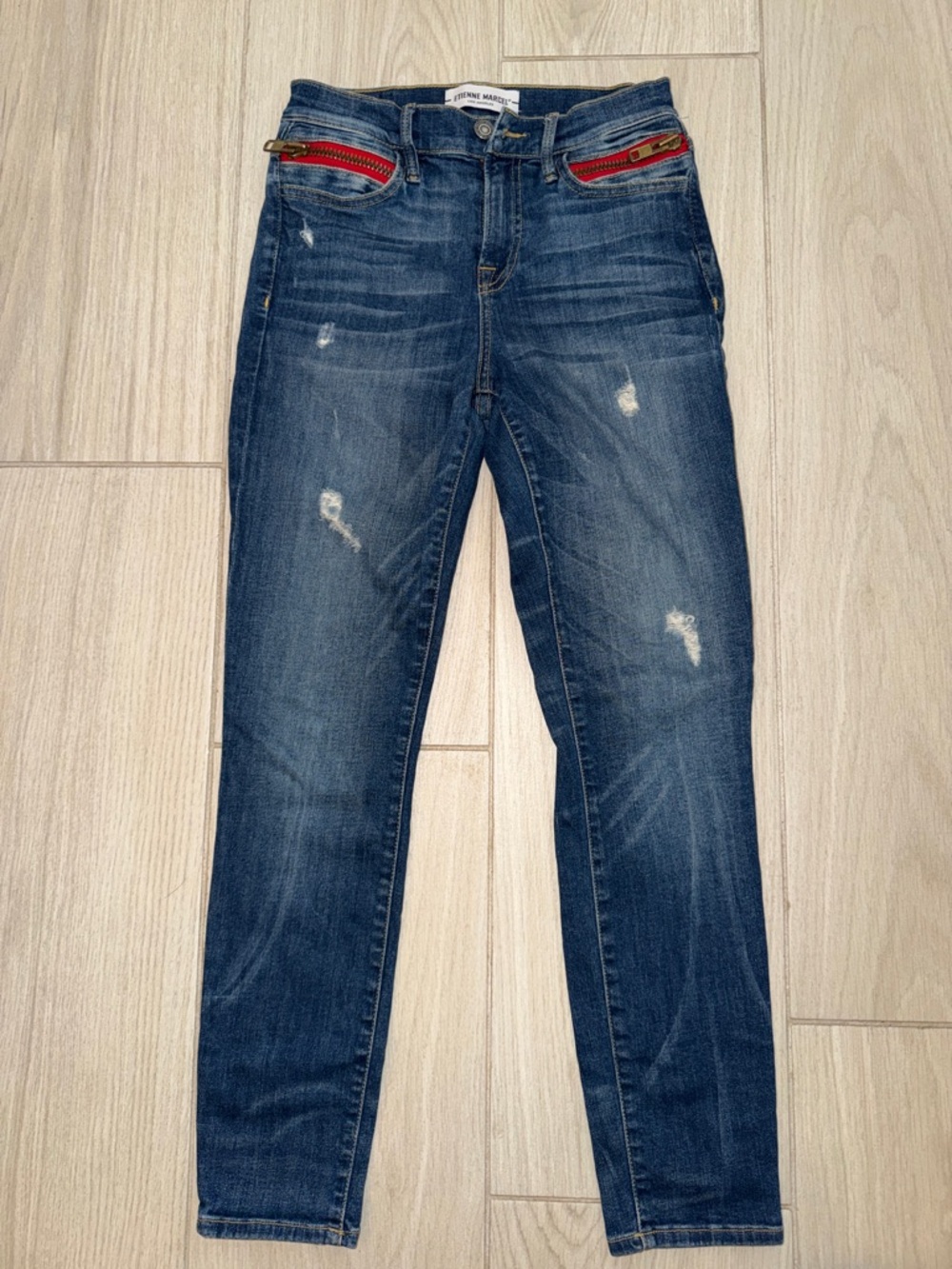 Etienne Marcel Distressed Dark Blue Women's Skinny Jeans with Red Zip Accents